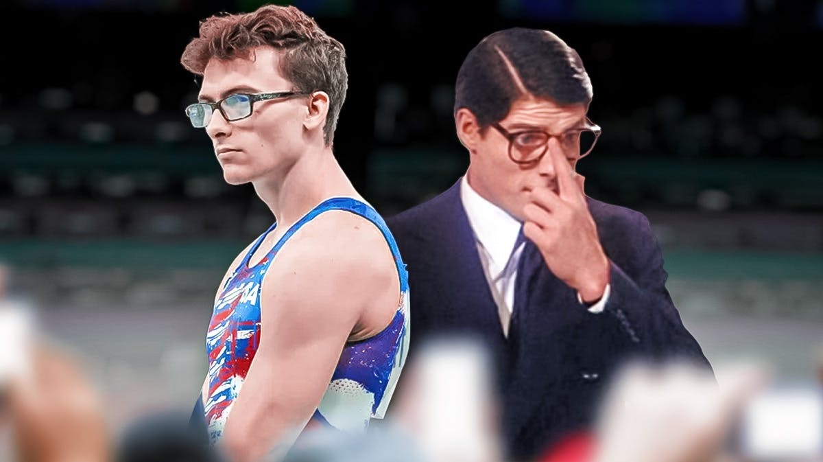 Pic of Olympic hero Stephen Nedoroscik alongside an image of Clark Kent (the version played by Christopher Reeves in Superman movie)