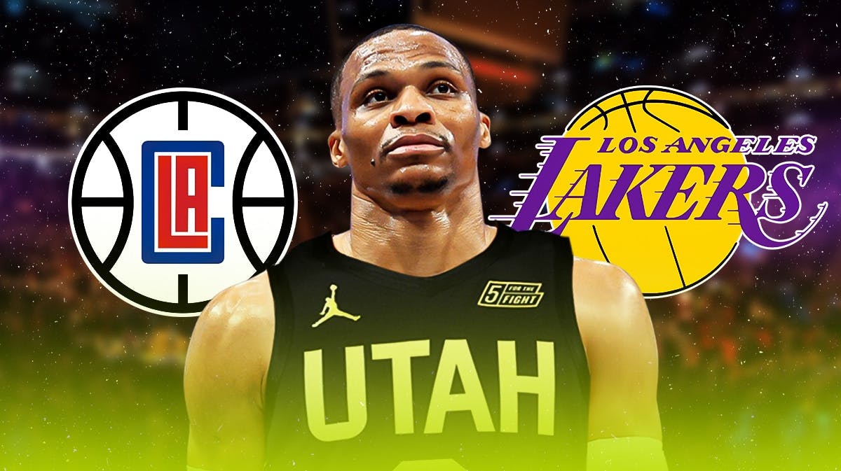 Russell Westbrook in a Jazz uniform next to the logos of the Lakers and Clippers.