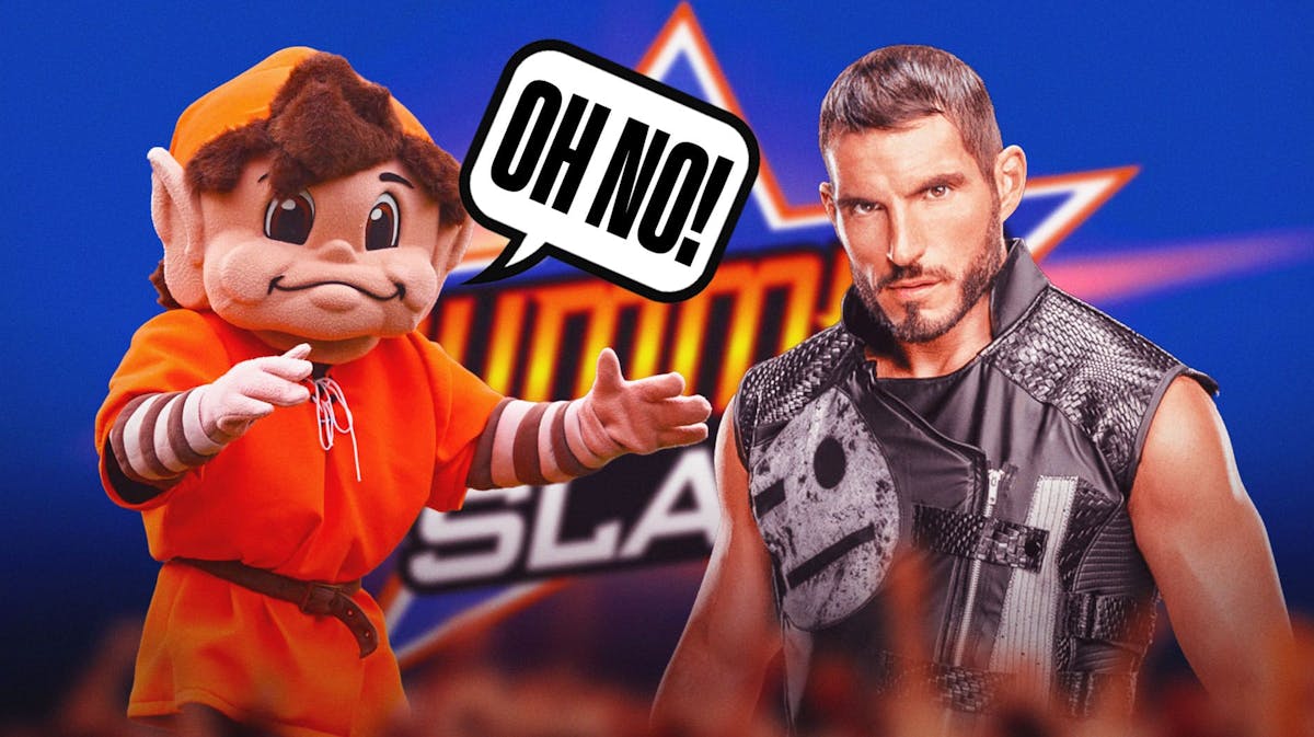 The Cleveland Browns mascot with a text bubble reading "Oh no!" next to Johnny Gargano with the SummerSlam logo as the background.