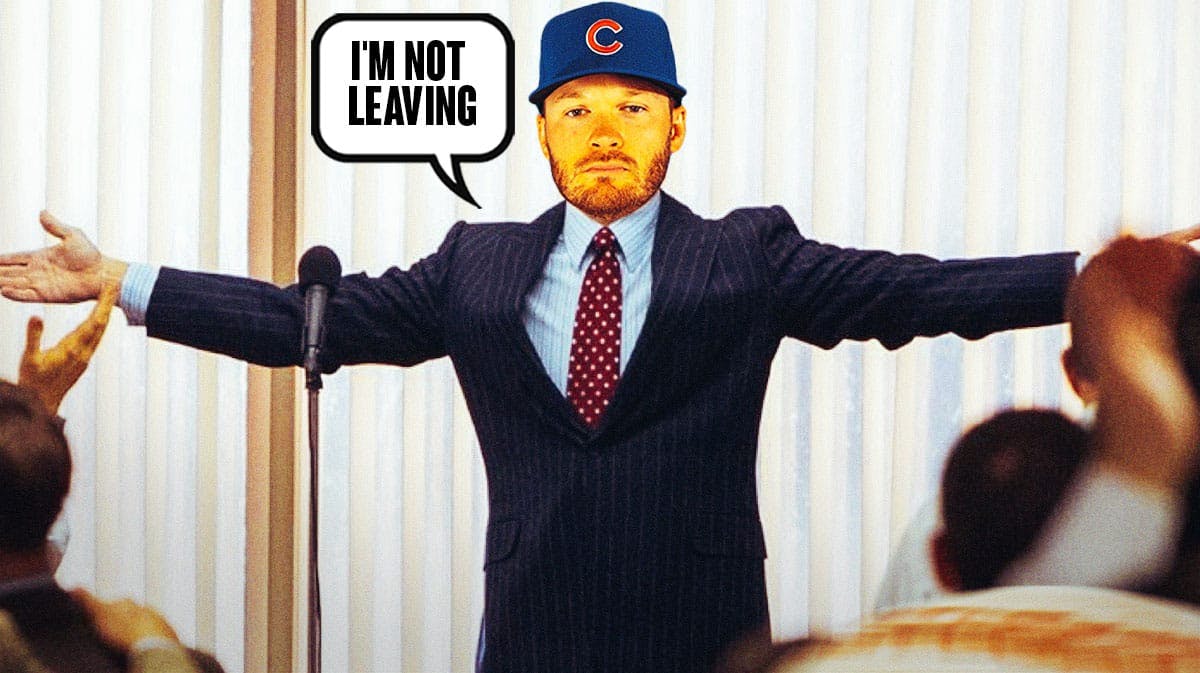 Ian Happ's face on the "I'm not leaving" Wolf of Wall Street meme