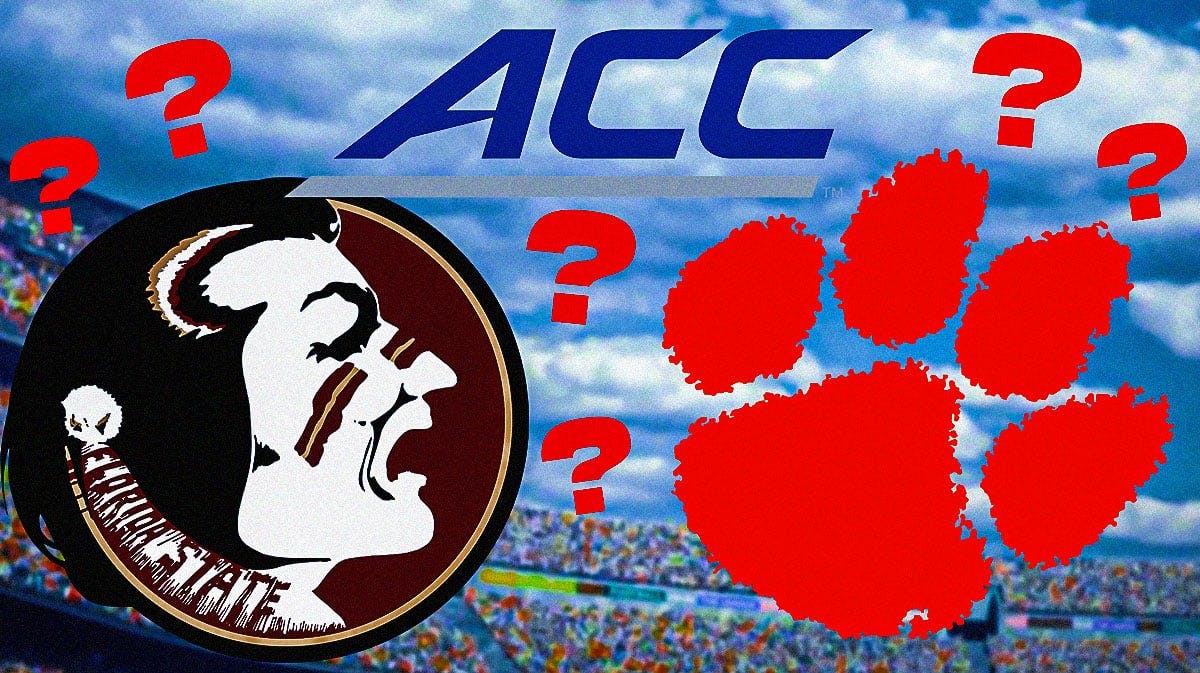 An ACC logo in the middle with a Florida State logo on one side, a Clemson logo on the other and question marks all around.