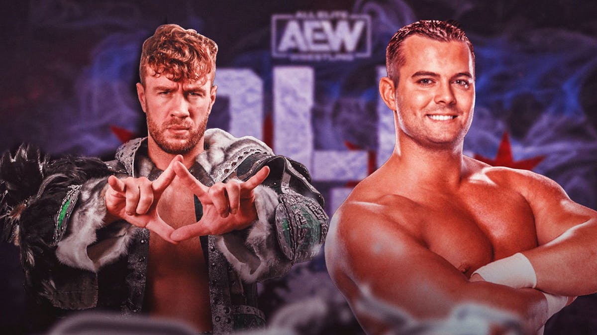 Will Ospreay next to the British Bulldog Davey Boy Smith Jr. with the AEW All In logo as the background.