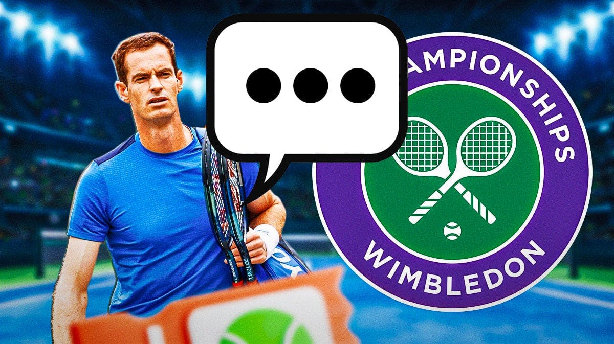 Tennis player Andy Murray with a speech bubble that has the three dots emoji inside. He is next to a logo for Wimbledon.