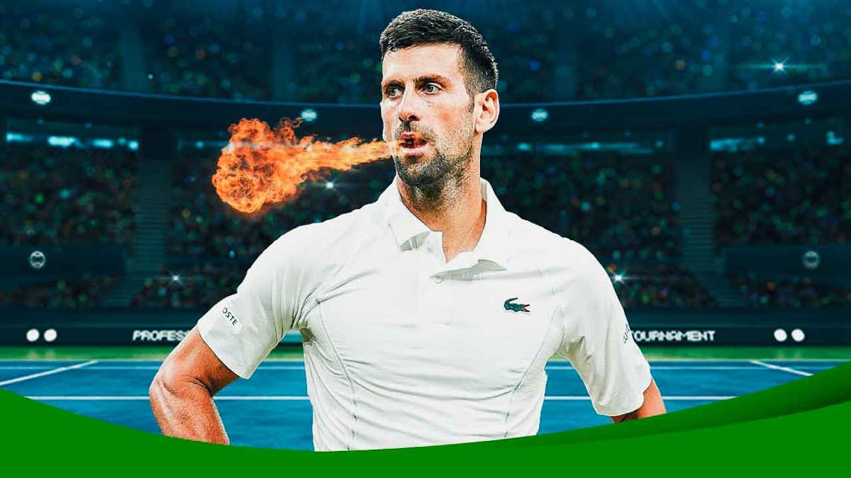Novak Djokovic looking intense with fire coming out of his mouth.
