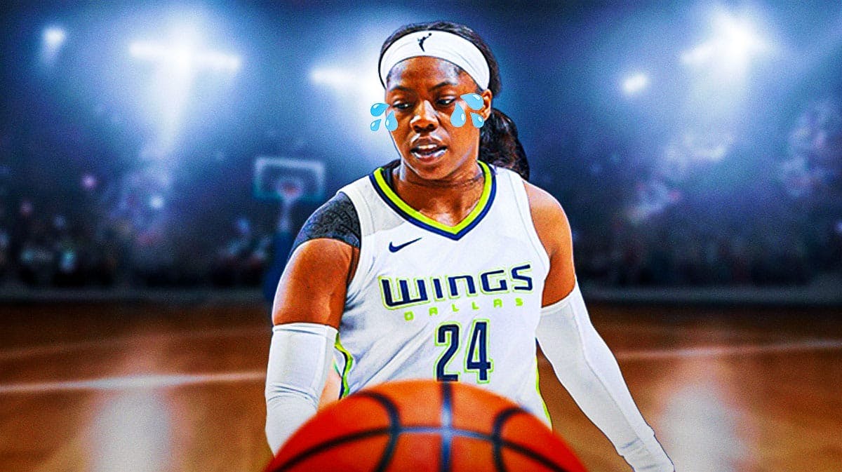 WNBA Dallas Wings player Arike Ogunbowale with fake tear drop emojis and a sad/frustrated or neutral expression.