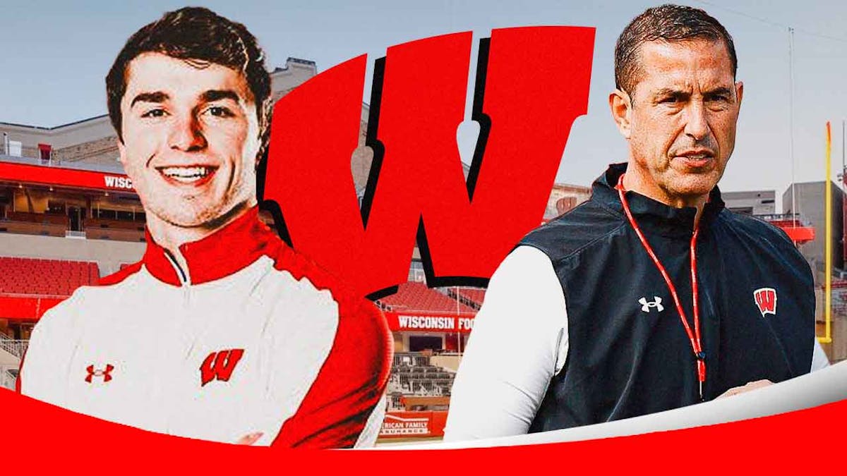 Wisconsin Badgers logo in center, Badgers Football general manager Max Stienecker on right side, Badgers Football head coach Luke Fickell on left side, Camp Randall Stadium in background