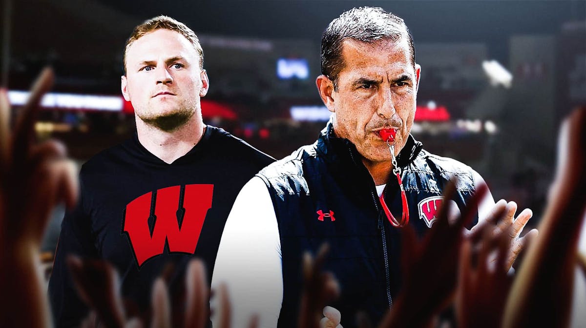 Wisconsin football, Badgers, Luke Fickell, 2024 Wisconsin football, Wisconsin football predictions, Luke Fickell and Tyler Van Dyke (in Wisconsin uni) with Wisconsin football stadium in the background