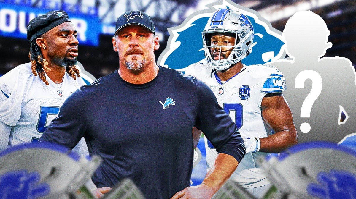 Detroit Lions head coach Dan Campbell with edge rusher James Houston, tight end James Mitchell, and a silhouette of an American football player with a big question mark emoji inside. There is also a logo for the Detroit Lions.