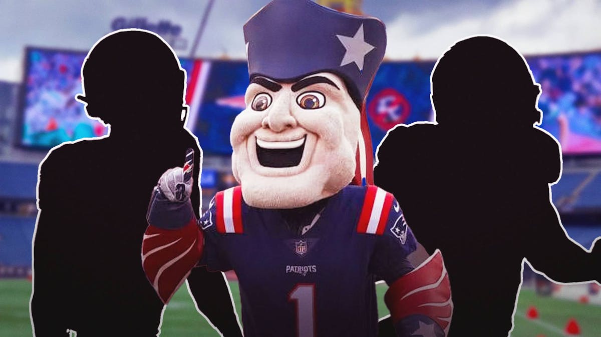 New England Patriots mascot in the middle of silhouettes of JuJu Smith-Schuster (WIDE RECEIVER) and Chad Ryland (KICKER)