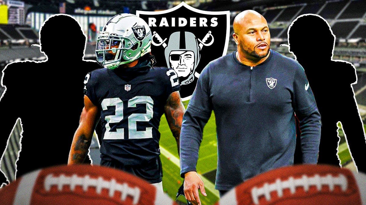 Las Vegas Raiders head coach Antonio Pierce with RB Ameer Abdullah and two silhouettes of American football players with big question mark emojis inside. There is also a logo for the Las Vegas Raiders.