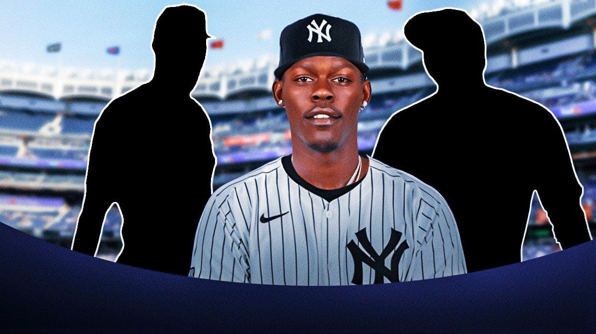 Jazz Chisholm Jr. in a Yankees jersey in the middle. Silhouette of Garrett Crochet on left, silhouette of Mason Miller on the right