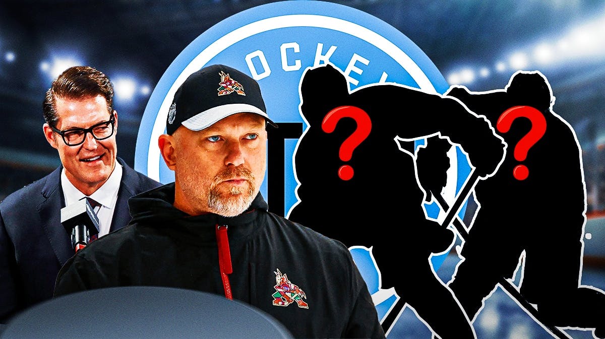 Utah Hockey Club head coach Andre Tourigny with general manager Bill Armstrong and two silhouettes of hockey players with big question mark emojis inside. There is also a logo for the Utah Hockey Club.