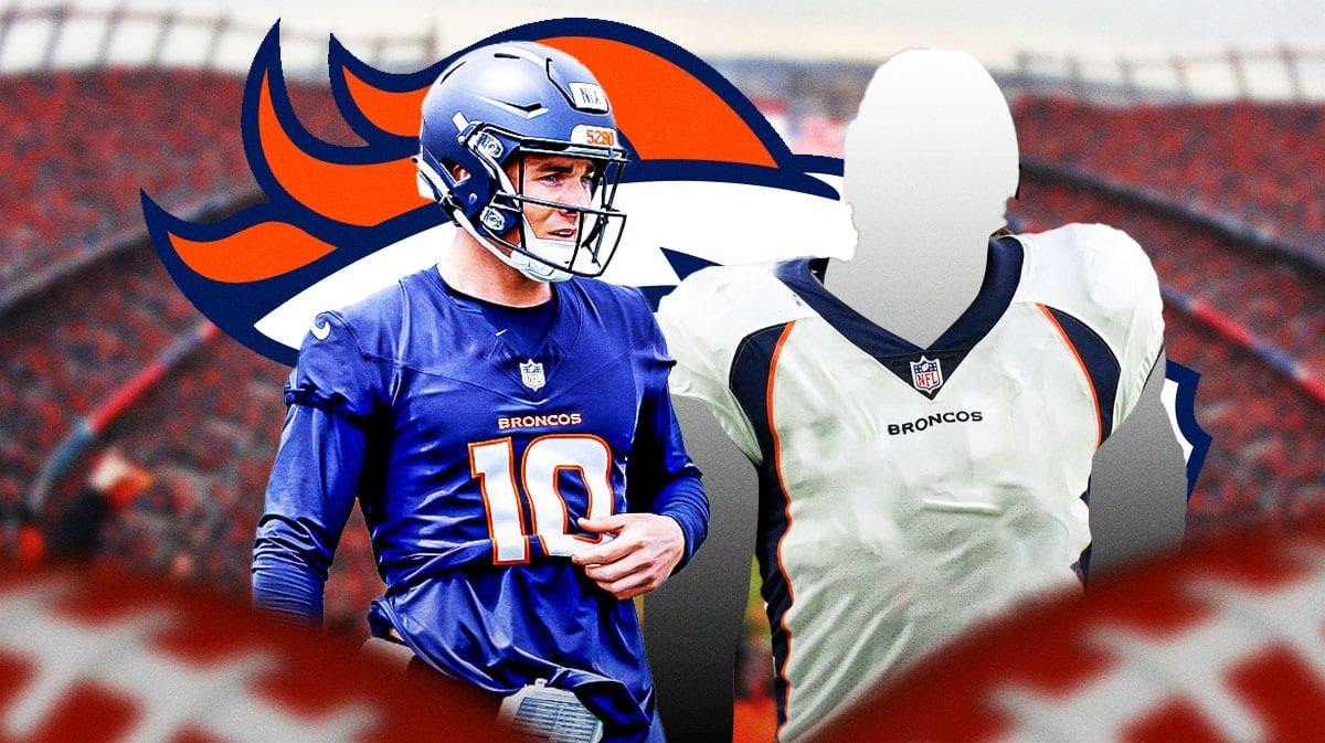Bo Nix and one silhouetted Denver Broncos player, Denver Broncos logo, football field in background