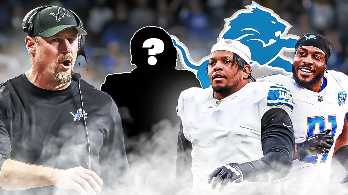 Detroit Lions head coach Dan Campbell with defensive end Marcus Davenport, defensive tackle Levi Onwuzurike, and a silhouette of an American football player with a big question mark emoji inside. There is also a logo for the Detroit Lions.