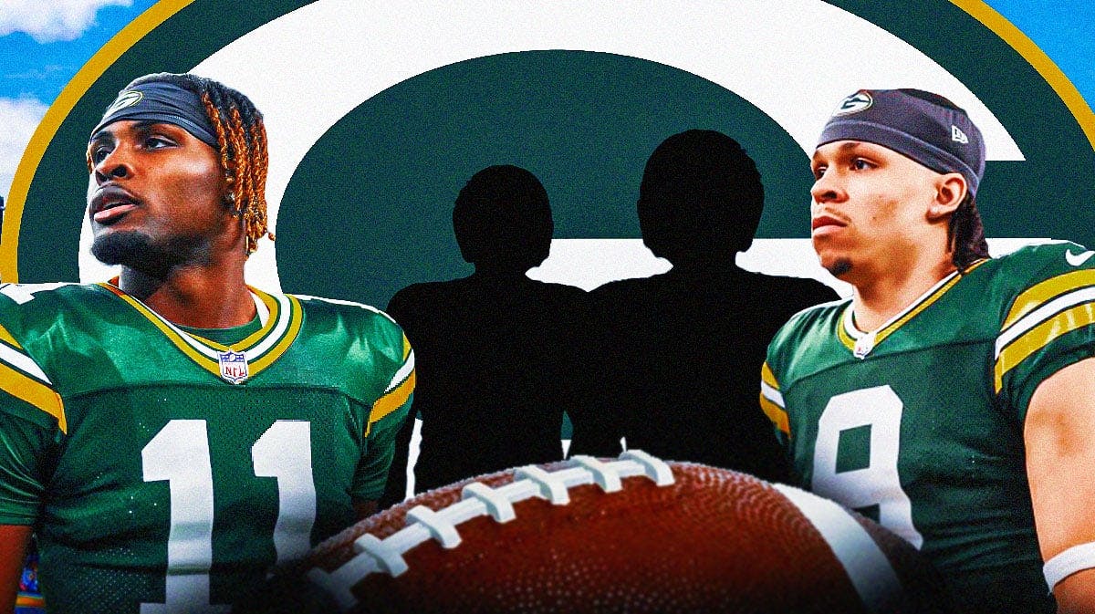 Jayden Reed, Christian Watson and two silhouetted Green Bay Packers players, Green Bay Packers logo, football field in background