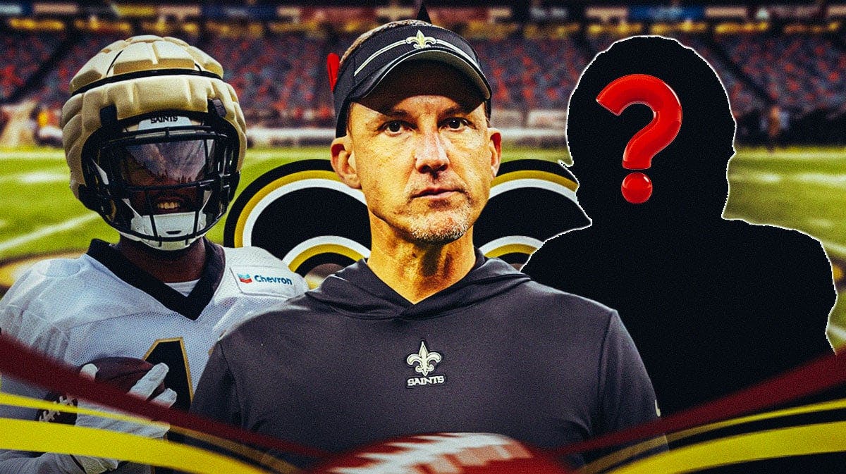 New Orleans Saints head coach Dennis Allen with wide receiver Cedrick Wilson Jr. and a silhouette of an American football player with a big question mark emoji inside. There is also a logo for the New Orleans Saints.