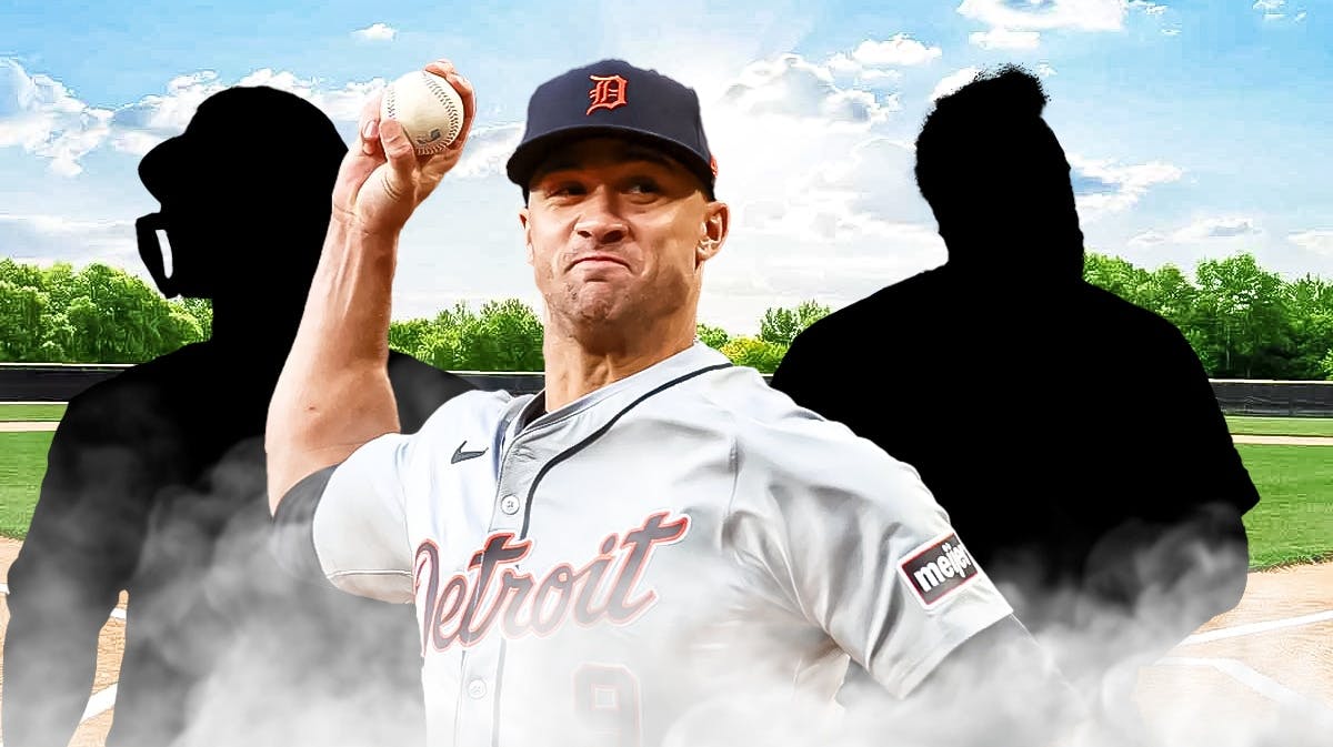 Detroit Tigers pitcher Jack Flaherty in the middle. Silhouette of Jazz Chisholm and Luis Severino