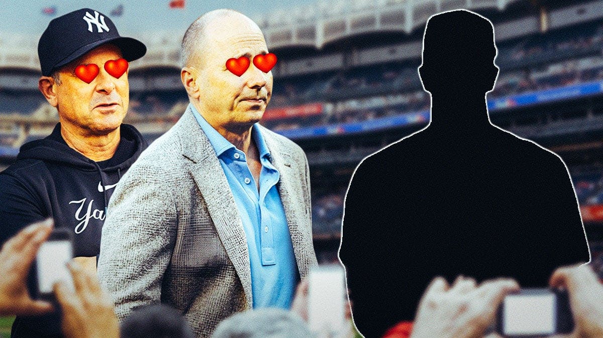 Aaron Boone and Brian Cashman with heart eyes. Chad Green as a silhouette