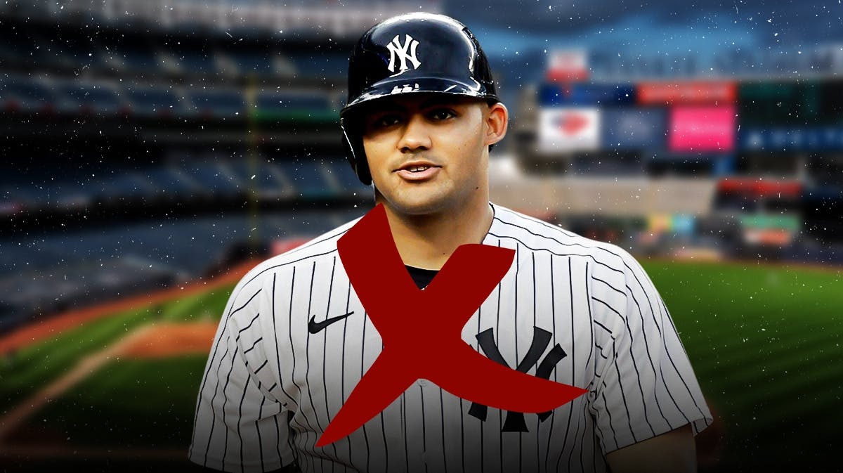 Jasson Dominguez in Yankees jersey with a huge X mark in front of him