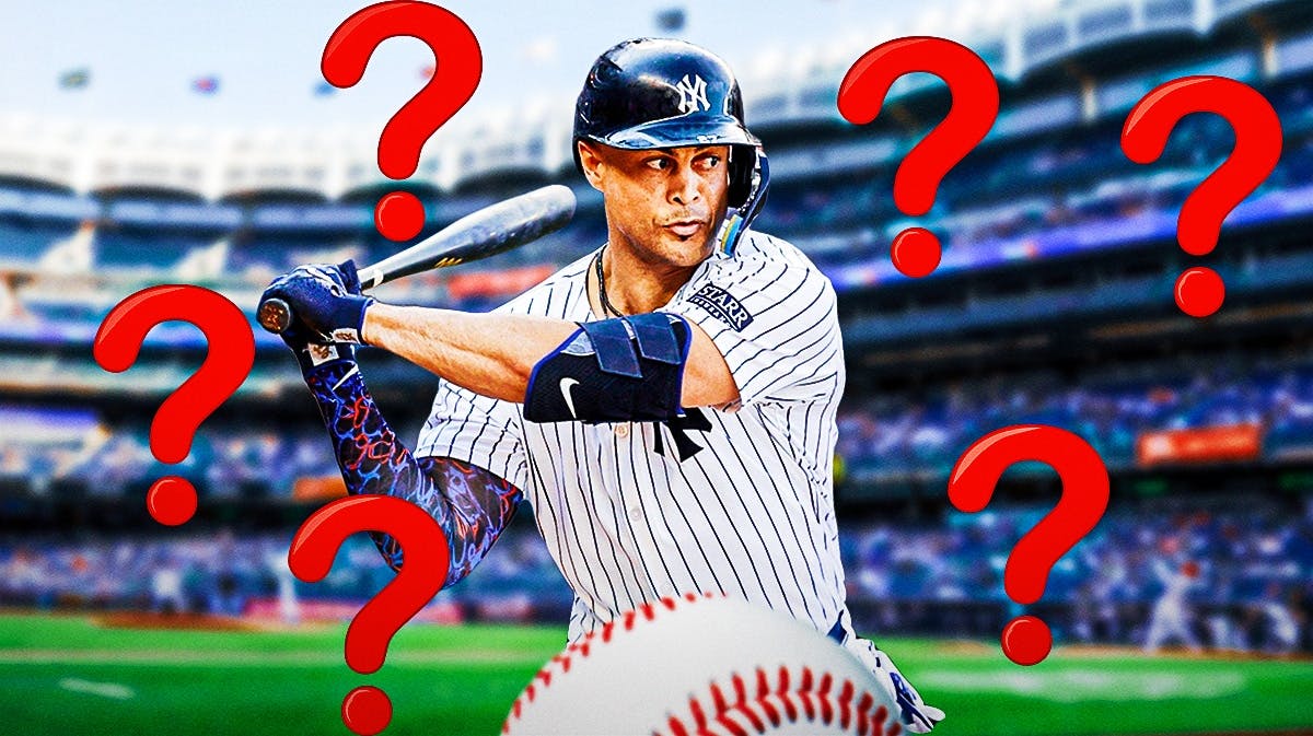 Giancarlo Stanton in Yankees jersey surrounded by question mark emojis. Stanton injury, aaron boone, yankees struggled