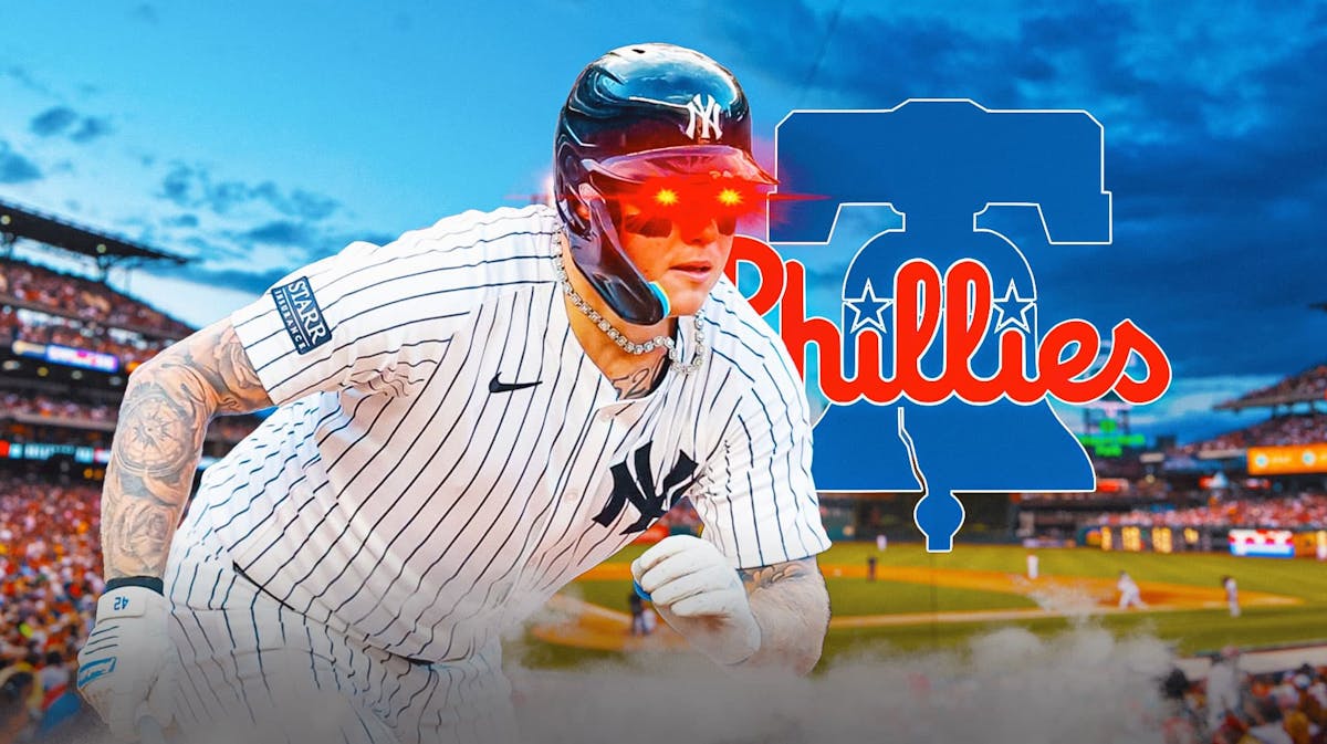 Alex Verdugo smiles with laser eyes in Yankees jersey next to Phillies logo