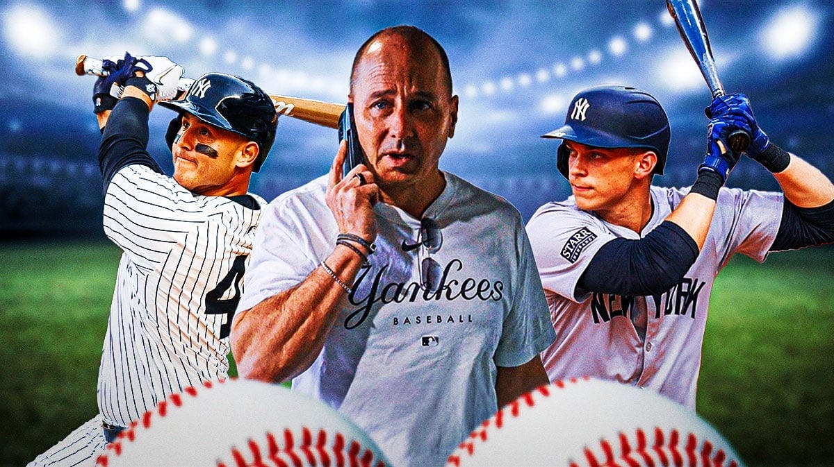 Anthony Rizzo batting in a New York Yankees uniform on one side, Ben Rice batting in a Yankees uniform on the other side and GM Brian Cashman in the middle as Cashman isn't ready to commit to either player as starting first baseman when Anthony Rizzo returns from injury.