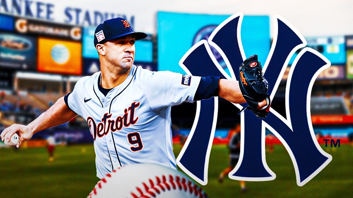 Tigers Jack Flaherty pitching a baseball on left. New York Yankees 2024 logo on right.