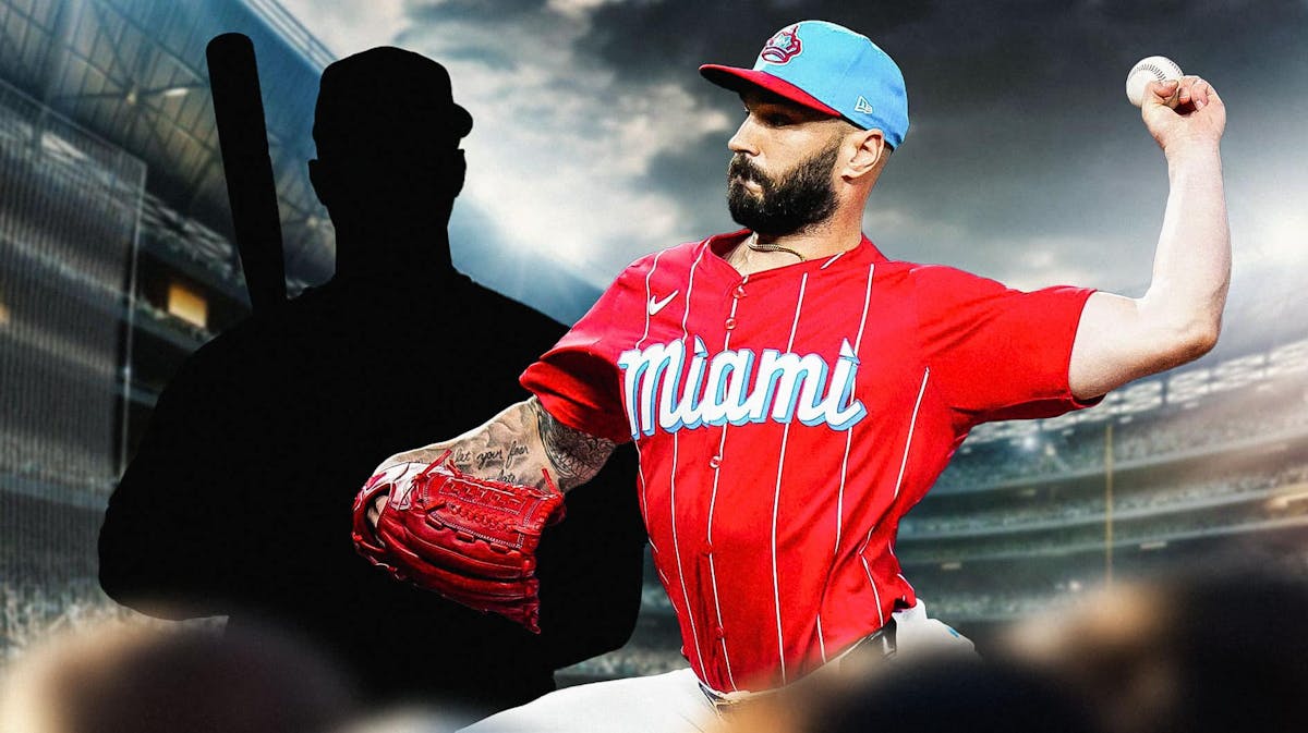 Tanner Scott pitching in a Miami Marlins uniform with a silhouette of New York Yankees prospect Everson Pereira next to him as the Yankees could move Pereira for Scott at the MLB trade deadline
