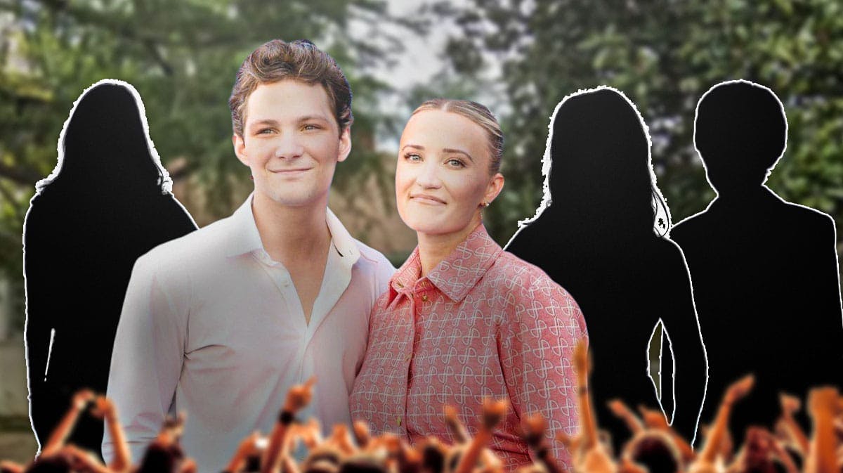 Georgie and Mandy's First Marriage spin-off stars Montana Jordan and Emily Osment in front of Young Sheldon house with stars Zoe Perry, Annie Potts, and Raegan Revord as silhouettes.