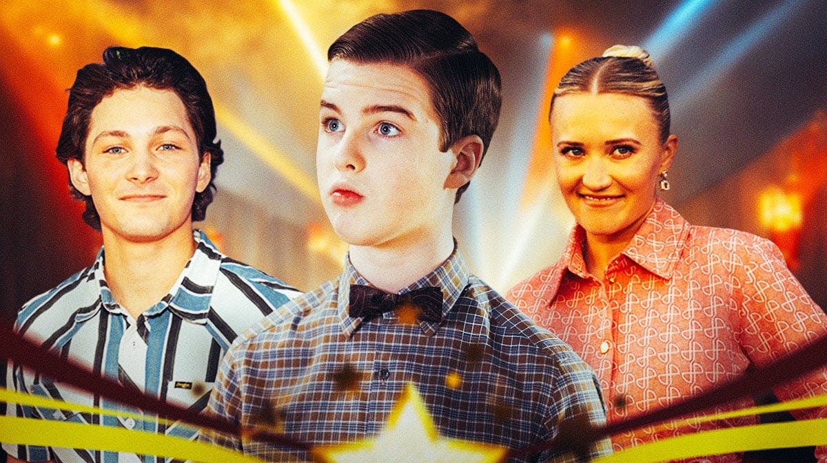 Montana Jordan and Emily Osment, who will star in Young Sheldon spin-off Georgie and Mandy's First Marriage, with Iain Armitage as Sheldon Cooper in the middle.