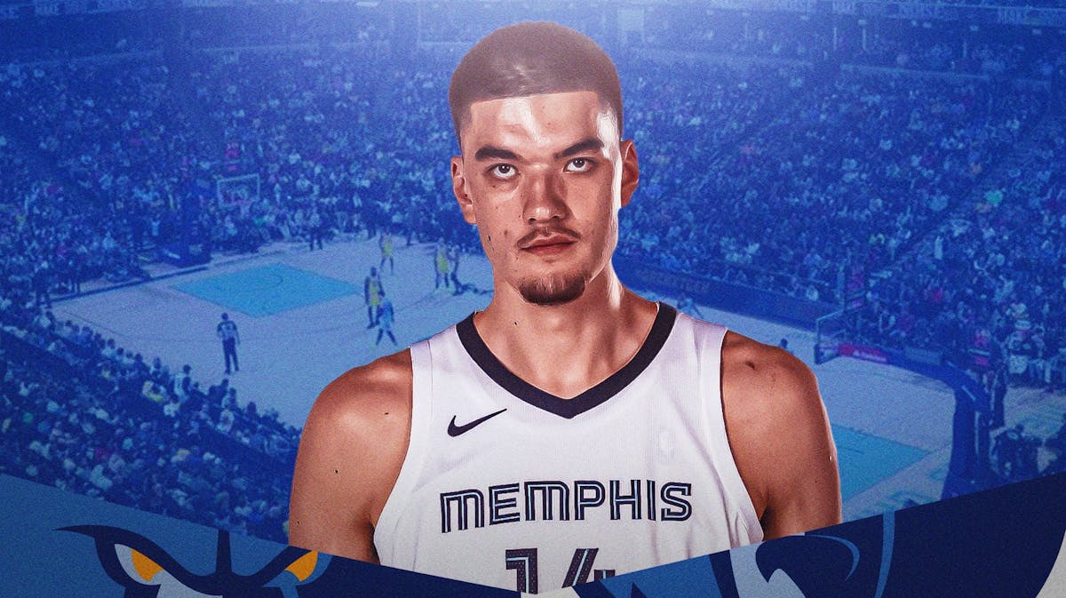 Zach Edey with the Memphis Grizzlies arena in the background, Summer League injury