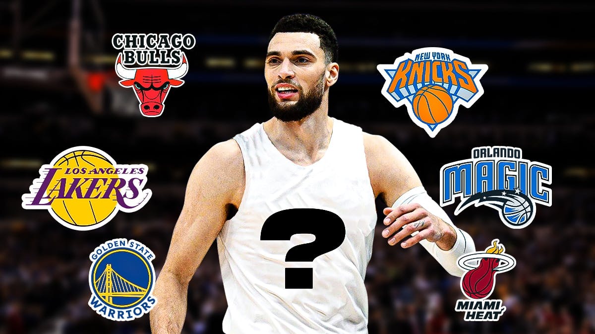 Zach LaVine in blank jersey with question mark in the middle. Bulls, Lakers, Heat, Warriors, Magic, Knicks logos in the background
