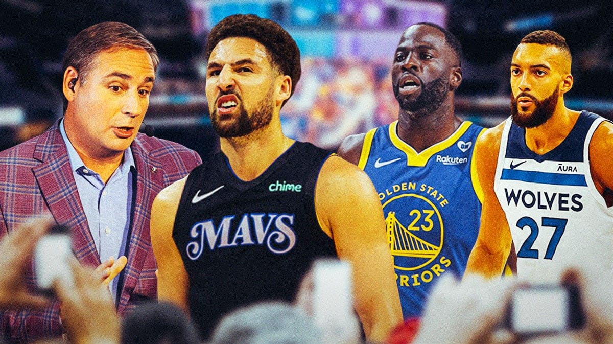 ESPN's Zach Lowe looking confused, with a picture of Mavericks' Klay Thompson on the left looking frustrated, and a pic of Warriors' Draymond Green and Rudy Gobert on the right