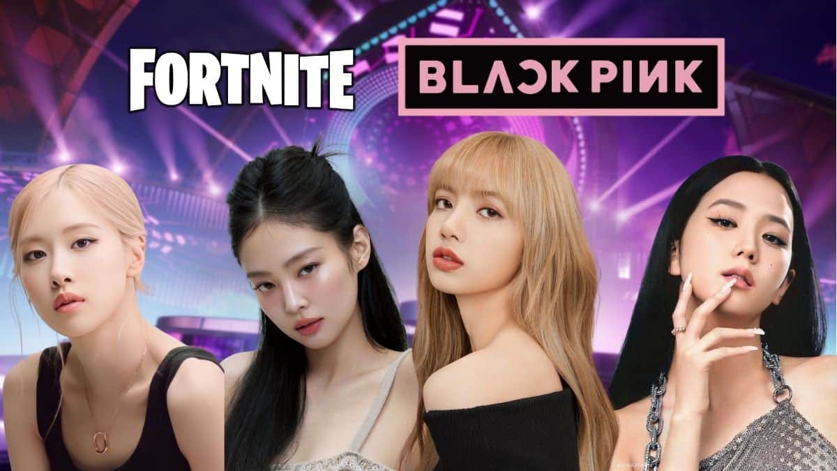 image of blackpink members rose, jennie, lisa, and jisoo, with fortnite festival in the background.