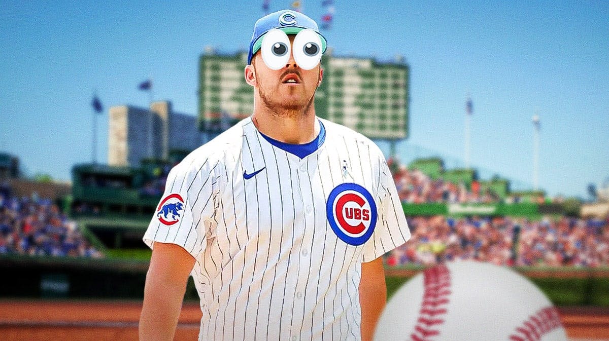 Cubs Jameson Taillon with eyes popping out in front. Place Wrigley Field in background.