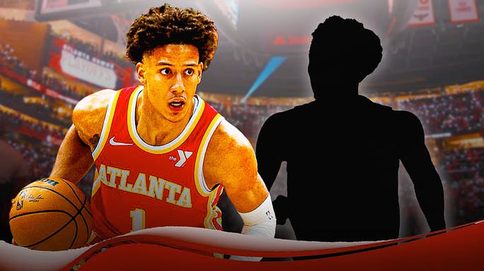 Jalen Johnson next to the blacked-out silhouette fo Trae Young in the Hawks stadium.