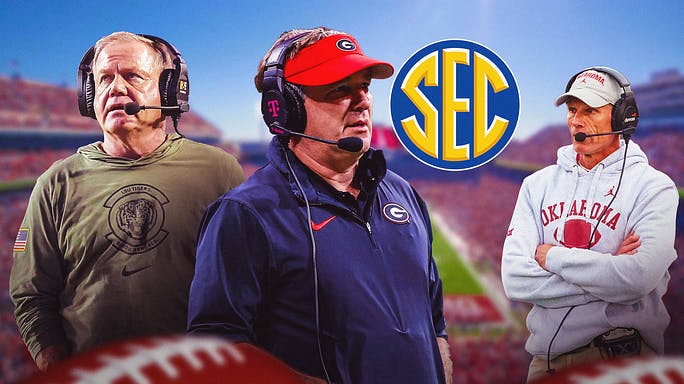 Oklahoma football coach Brent Venables looking at SEC logo with Brian Kelly and Kirby Smart.