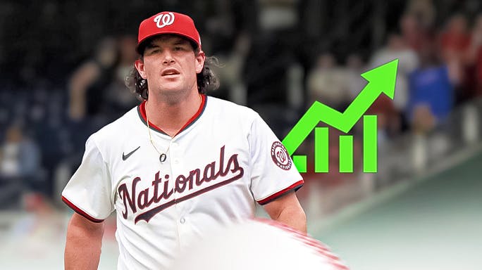 Nationals pitcher Kyle Finnegan with a stock up symbol.