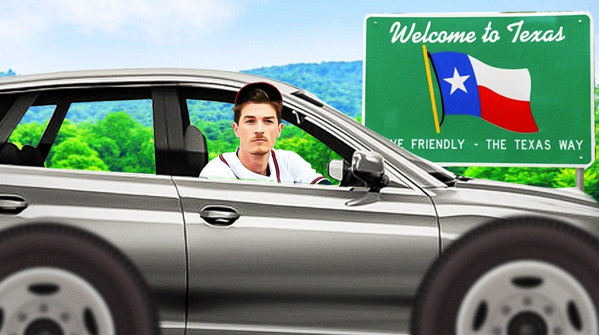 Braves Max Fried driving a car. On the side of the road, place a sign that reads: WELCOME TO TEXAS