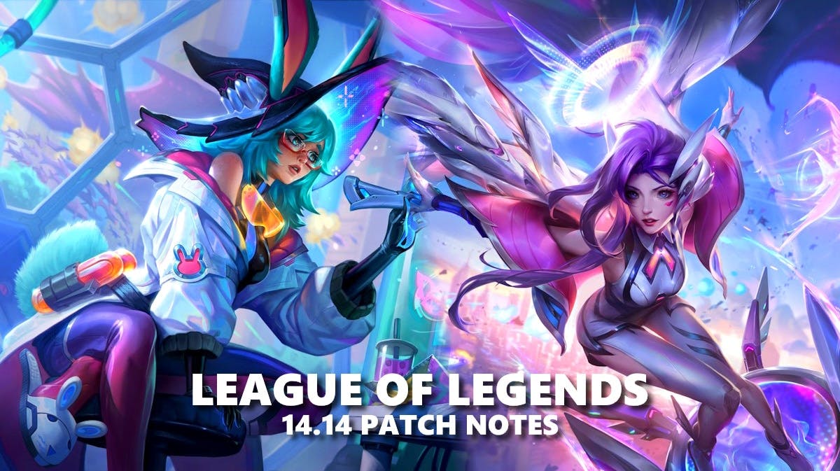 lol 14.14, lol 14.14 patch notes, lol patch notes, lol patch 14.14, lol, a collage of the new lol skins with the words league of legends 14.14 patch notes at the bottom