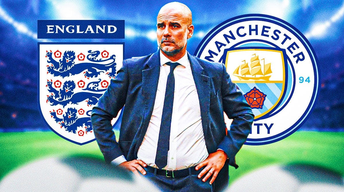 Pep Guardiola in front of the England team and Manchester City logos