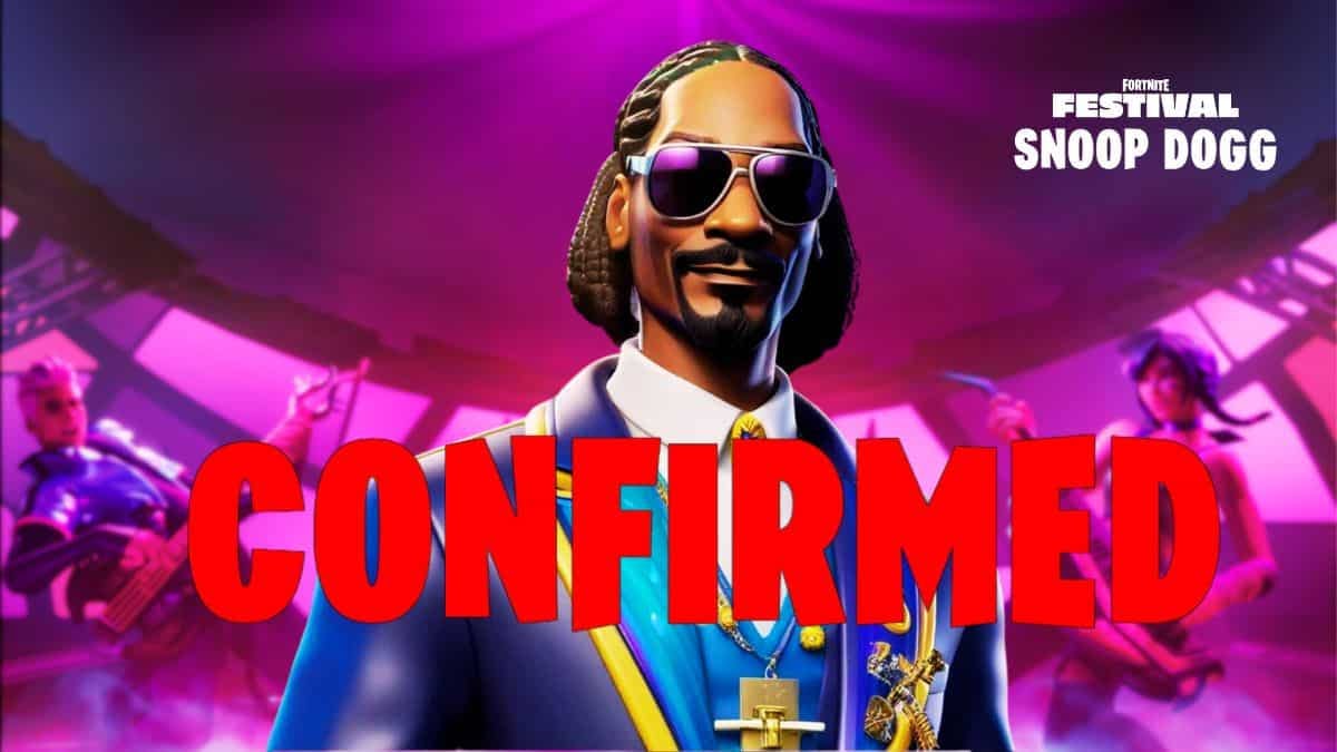 screenshot of fortnite festival in the background, snoop dogg fortnite skin with text confirmed