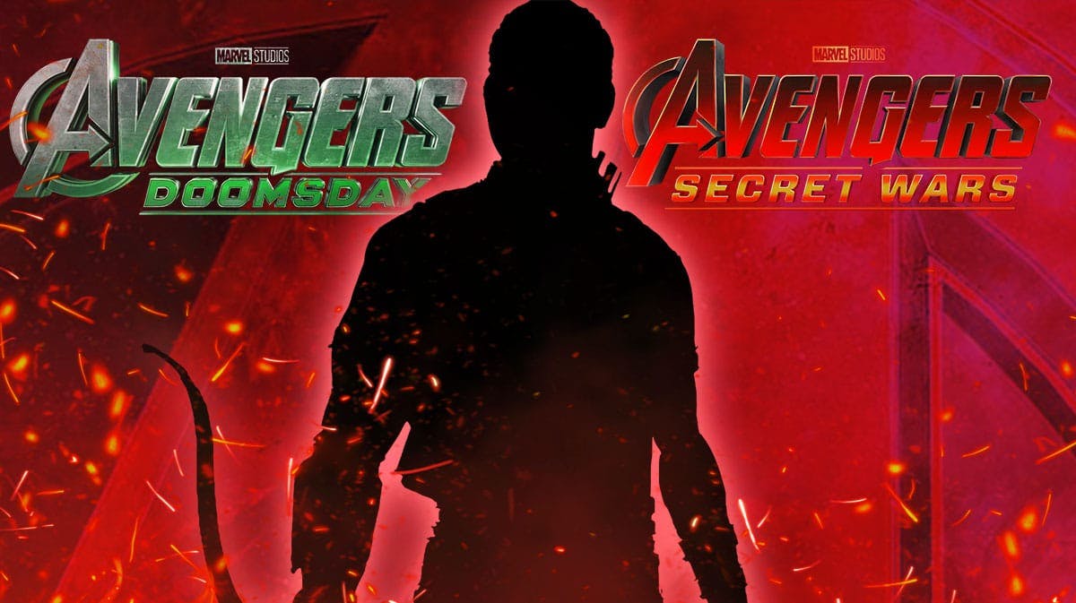 Marvel Avengers Doomsday and Secret Wars logos with Jeremy Renner as Hawkeye as a silhouette.
