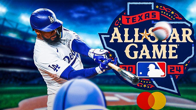Teoscar Hernandez of the Dodgers making contact in his Home Run Derby caliber swing with the 2024 All-Star logo