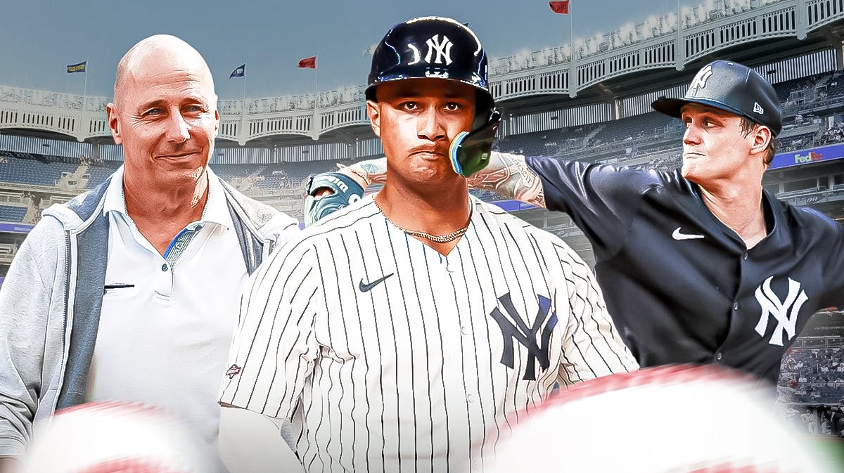 Everson Pereira, Brock Selvidge, Brian Cashman (Yankees GM) in front of Yankee Stadium. The Yankees could look to trade Pereira, Selvidge, or Agustin Ramirez at the trade deadline.