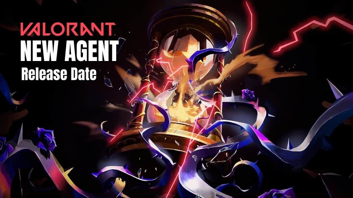 screenshot of the valorant new agent trailer, with valorant logo, and text new agent release date
