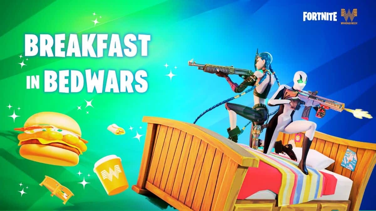 image from fortnite bedwars, whataburger and fortnite logo, with text breakfast in bedwars