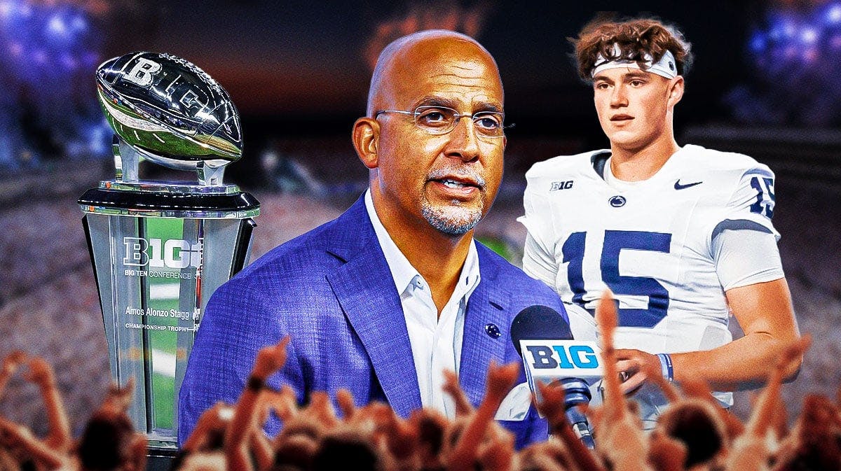 Penn State football, Nittany Lions, 2024 Penn State football, Penn State football predictions, Penn State football schedule, James Franklin, Drew Allar and Big Ten football trophy with Penn State football stadium in the background
