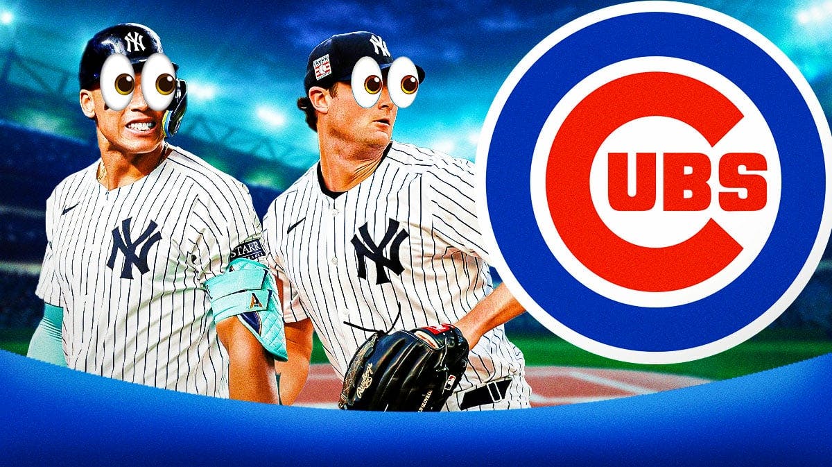 Yankees Aaron Judge, Yankees Gerrit Cole with eyes popping out looking at the 2024 Cubs logo.