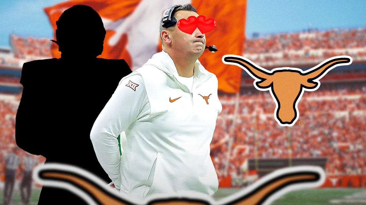 Football player silhouette. Steve Sarkisian with heart eyes. Texas logo